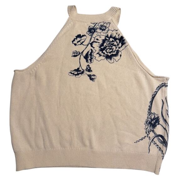 Anthropologie Pilcro Knit Halter Sweater Tank Women’s 2X Floral Motif Cream Navy - Picture 4 of 7